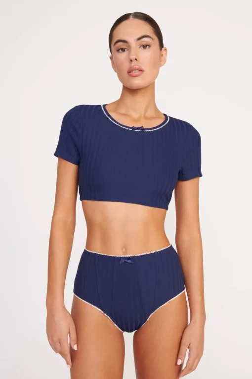 BRENTON HIGH RISE BIKINI BOTTOM  NAVY WHITE